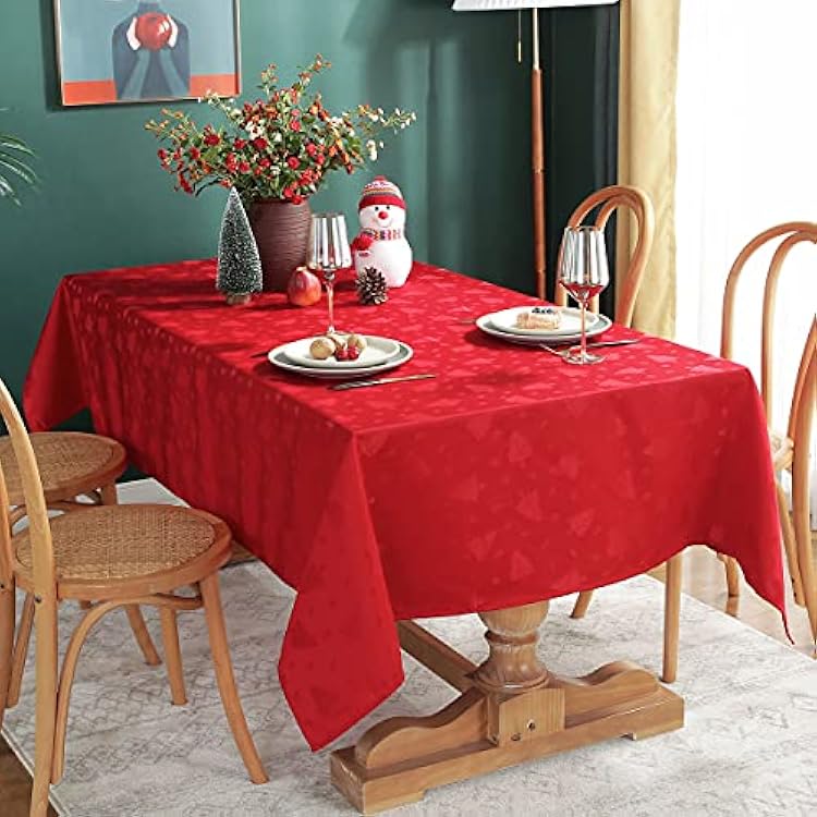 Christmas Tablecloth Rectangle, Jacquard Table Cloth Spillproof and Wrinkle Resistant with Christmas Tree Patterns for Dining Room & Holiday Decoration Red, RectangleOblong, 52 x 70 4-6 Seats