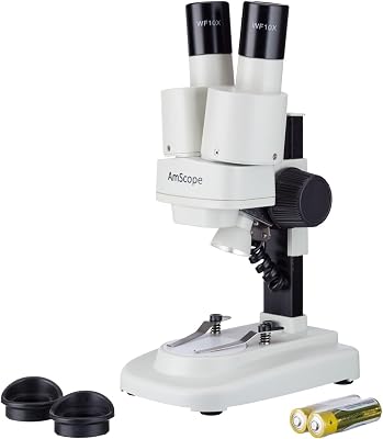 AmScope Kids SE100Z-LED Portable Binocular Stereo Microscope, WF10X and WF20x Eyepieces, 20X and 40X Magnification, 2X Objective, LED Light Source, Reversible BlackWhite Stage Plate, Battery-Powered