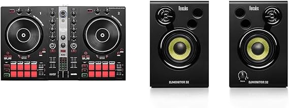 Hercules DJControl Inpulse 300 MK2 – USB DJ Controller – 2 Decks with 16 Pads and Built-in Sound Card & DJMonitor 32-2 x 15 watts RMS active monitoring speakers - UK Version, Black