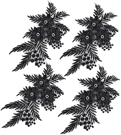 4 Pack 3D Flower Sequin Applique with Rhinestone Glitter Beaded Floral Embroidered Patch Fabric Lace Trim for Wedding Bridal Dress Gown Bag Pillow Ornaments (Black)