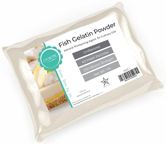 O'Creme Kosher Fish Gelatin Powder 1 lb | A pork-free, halal-friendly thickener perfect for mousses, panna cotta, and glazes. Dissolves cleanly with a neutral taste.