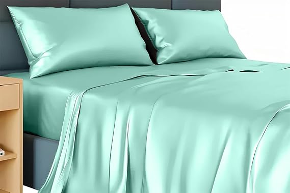 Queen Silk Satin Sheet Set True Silk Satin Sheets Set -Hotel Luxury Bed Sheets - Extra Soft - 23'' Deep Pocket - Breathable & Cooling - Wrinkle Free - Comfy-Aqua Blue Bed Sheets