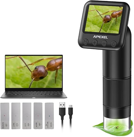 APEXEL 800X Handheld Digital Microscope with 2 LCD Screen, Pocket Portable Microscope with Adjustable LED Lights, Coins Microscopes Magnifier Camera, USB to PC (SD Card Not Included)