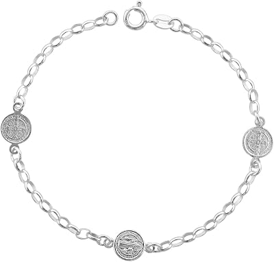 Sterling Silver St Benedict Bracelet for Women 8mm Medals Italy 7-7.5 inch
