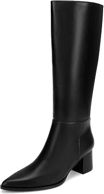 Knee High Boots for Women Faux Leather Pointed Toe Chunky Mid Heeled Boots with Side Zip