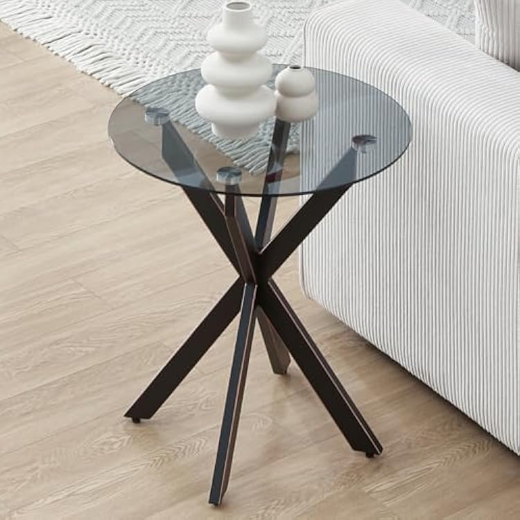 Modern Glass End Table, Small Round Side Table for Couch, Sofa Table with Grey Tempered Glass Top for Living Room, Bedroom, Bedside, 19.7 Wx21.7 H Black