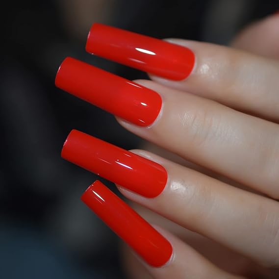 Bright Red Solid Color Press On Nails Extra Long Square Fake Nails Glossy Full Cover Acrylic Woman Prom Party 24 pcs/kit 