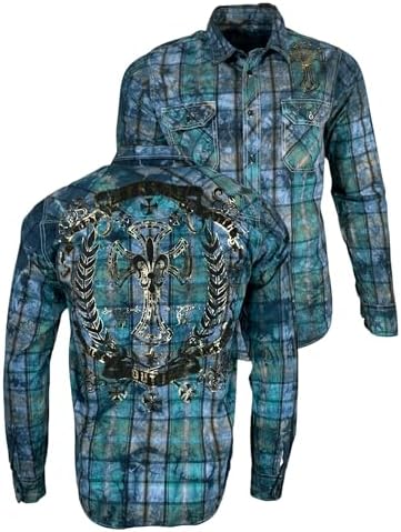 Xtreme Couture by Affliction Mens Long Sleeve Button Down Shirt Gilded Cross, Plaid Pattern with Cross Design