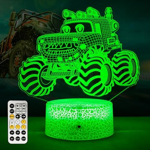 3D Monster Truck Night Light Car Bedside Lamp LED Illusion Ninght Light with Timer Remote & Smart Touch 7 Colors Changing Dimmable Lights as Room Decoration Gift for Boys and Girls