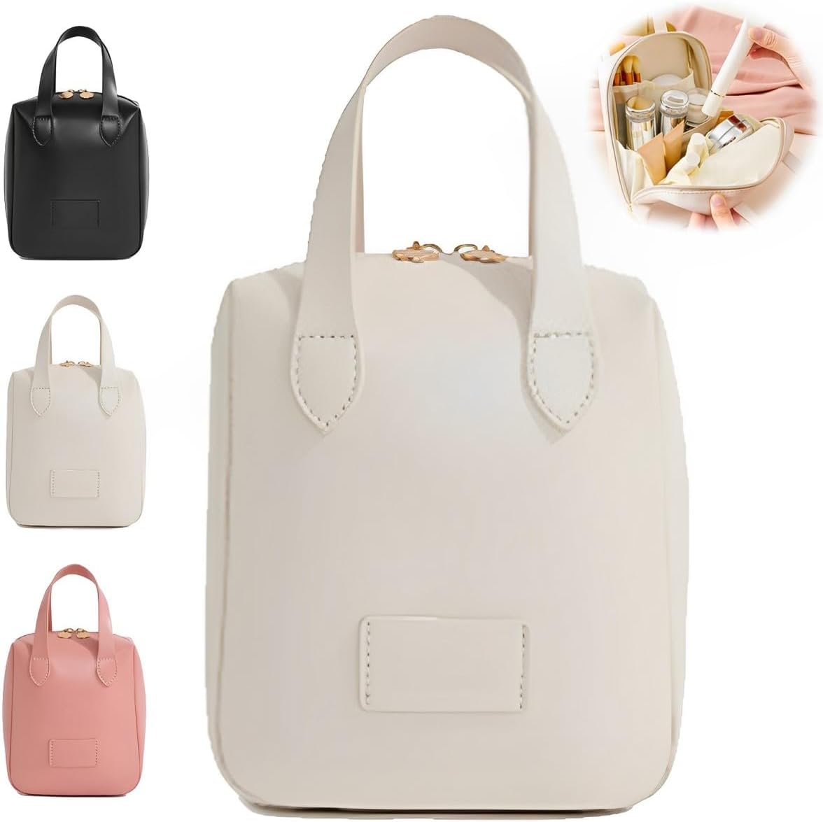 2024 New Premium Makeup Bag, Eretinputc Makeup Bag, Portable Cosmetic Bag Travel Toiletry Bag PU Leather Waterproof-Travel Organizer Make Up Bag with Divider and Handle for Women White