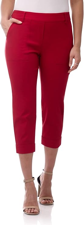 Rekucci Womens EcoCosy Pull-On Cargo Crop Pants Mid-Rise Stretch Fit with Pockets & Cuffed Hem for Daily Comfort