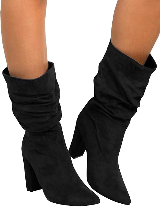 Syktkmx Womens Winter Slouchy High Heel Boots Mid Calf Suede Slip on Chunky Block Pointed Toe Boots