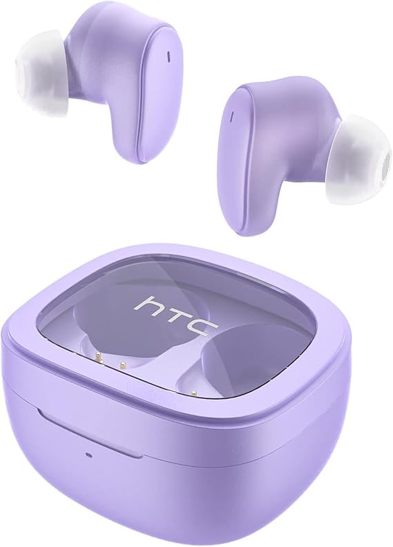 HTC True Wireless Bluetooth Earbuds 9 Bluetooth 5.3, in-Ear Earphones Transparent Case Design with Wireless Charging Fuction, 24Hour Playtime/Game Modes/Built-in Mic/Touch Control -Purple