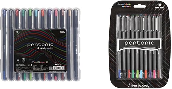 Pentonic Gel Pens in Case, 12 Count, 0.6mm, 0.7mm, 1.0mm & Premium Ballpoint Pens, 10 Count, 1.0mm Medium Point, Assorted Colors