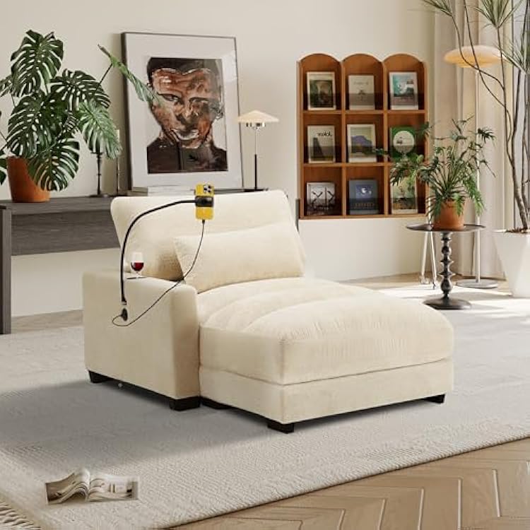 Yoglad Oversized Recliner Lounge Chair with USB Charging & Phone Holder - 400lb Heavy Duty Soft Chenille Reading Chair for Adults, Perfect for Small Spaces in BedroomLiving Room, Beige