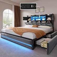 DWVO Queen Size Bed Frame with RGB LED Lights & Storage Bookcase Headboard, Upholstered Bed with Charging Station and 4 Drawers, No Box Spring Needed, Easy Assembly, Noise-Free, Velvet Grey