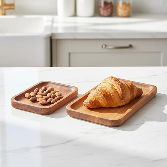 Deconox 2'li Doğal Akasya Ahşap Dikdörtgen Servis Tabağı ve Çerezlik Seti – 12x9 cm ve 20x11 cm Kahve Yanı Sunumluk, Sushi ve Meze Tepsisi (İkili Takım)