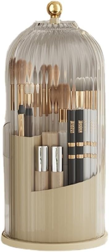 Rotating Makeup Brush Holder with Clear Lid 360 Makeup Brush Organizer for All Brush Sizes, Durable Dustproof Storage Stand with Large Capacity, Easy to Clean, No Assembly (Milk yellow/transparent)