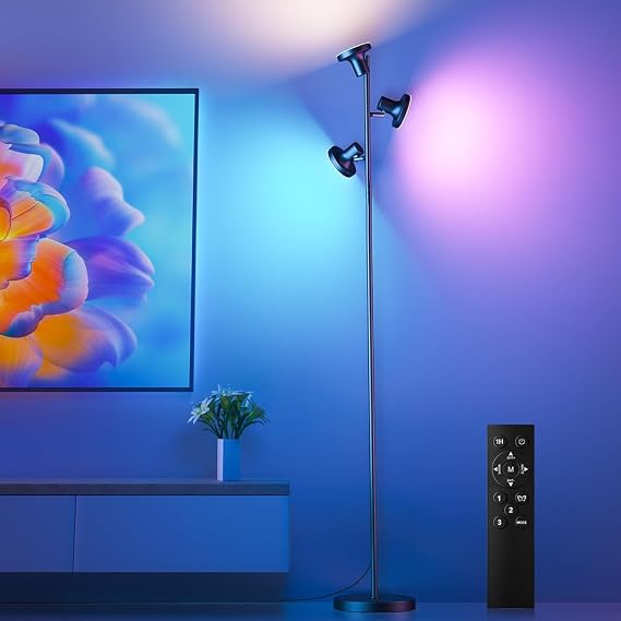RGB Floor Lamp, 36W Bright LED Standing Lamp with 3 Swivel Lights, Color Changing Tree Tall Lamp with Remote, Stepless Dimmable Modern Floor Lamps for Living Room, Bedroom, Gaming Room,Office [Energy Class F]