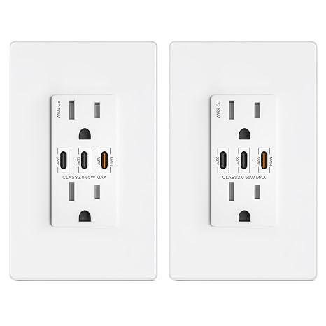 GaN 65W 3-Port USB Wall Outlet, 15 Amp Tamper-Resistant Receptacle with 3 USB Type C Port, USB Charger for USB-C Laptop/iPhone/Samsung/LG, UL Listed,2 Pack