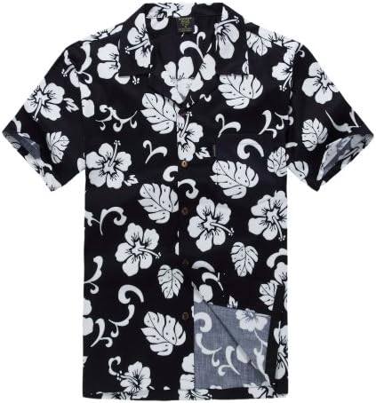Mens Hawaiian Shirt Aloha Shirt L Navy Hibiscus