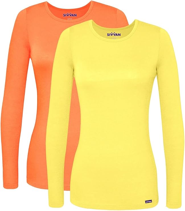 Sivvan Scrubs for Women - Long Sleeve Comfort Underscrub Tee Multicolor 2-Pack - S85002M - Citron/Neon Orange - XL