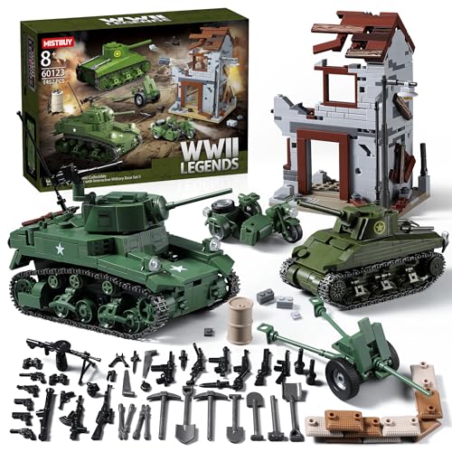 WW2 Army Tank Toys Building Sets Compatible with Lego 1452 Pieces, Includes US Sherman & Stuart Tanks, War-Torn Building, Many Military Weapons & More, Gift Ideals for Military Fans, Kids & Adults