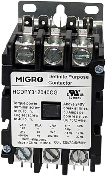 3 Pole AC Contactor 120v Coil Definite Purpose Magnetic 40 amp AC Contactor - 110/120VAC Coil, Motor Load 40a. HVAC, Refrigeration & Heat Pump