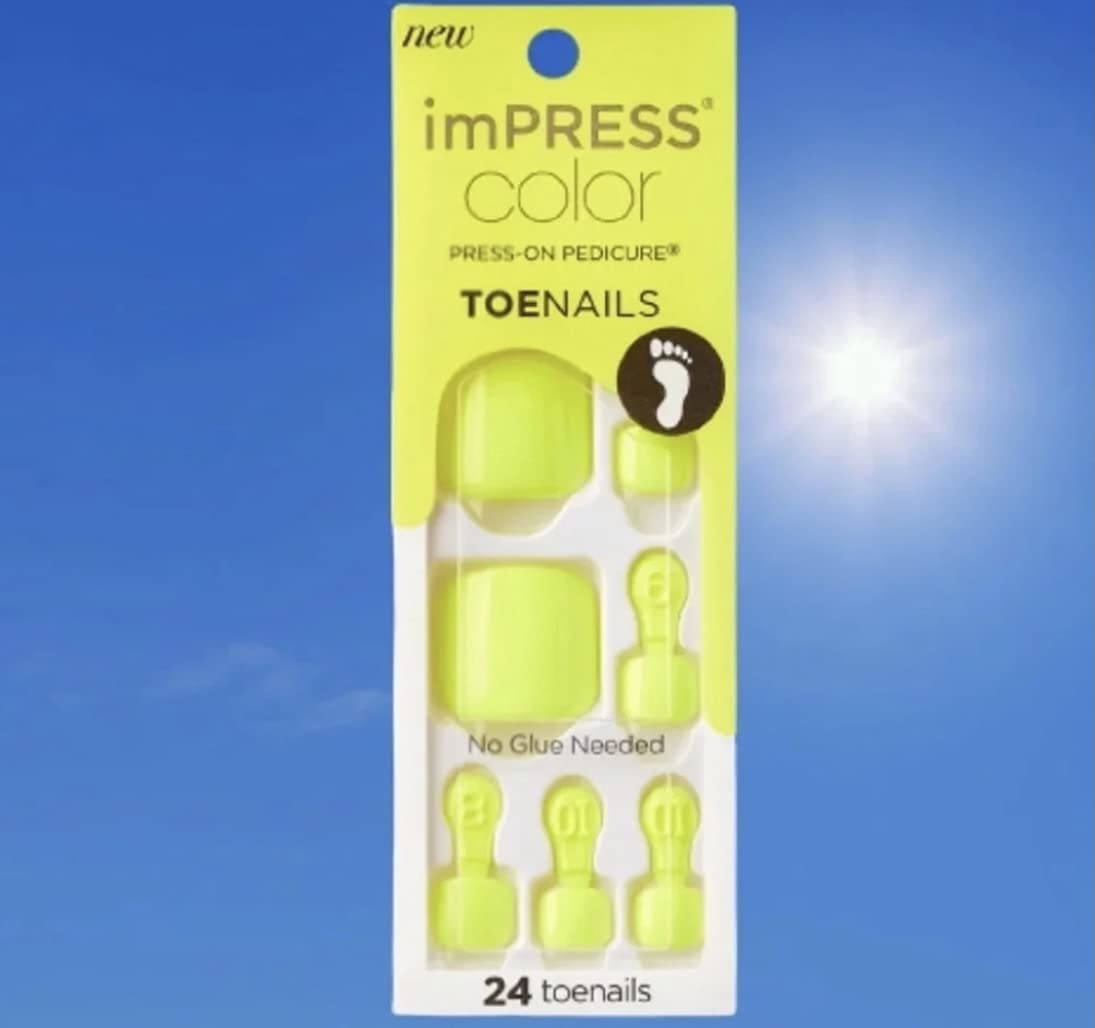 Impress Kiss Color Press-On Bright Shiny Neon Yellow Pedicure Toe Nails IMT500X Got it