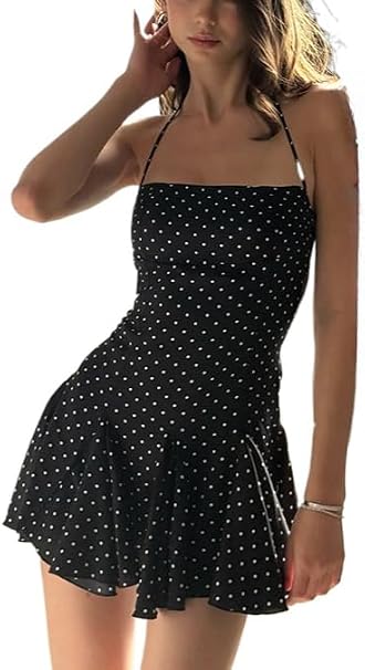 Polka Dot Halter Mini Dress for Women Y2k Sleeveless Ruffle Hem Backless Mini Dress Vintage Streetwear Summer