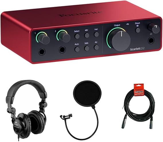 Focusrite Scarlett 2i2 USB-C Audio Interface (4th Gen) Music Recording Equipment Bundle for Recording Studio with Polsen HPC-A30 Studio Monitor Headphones, Pop Filter and XLR-XLR Cable