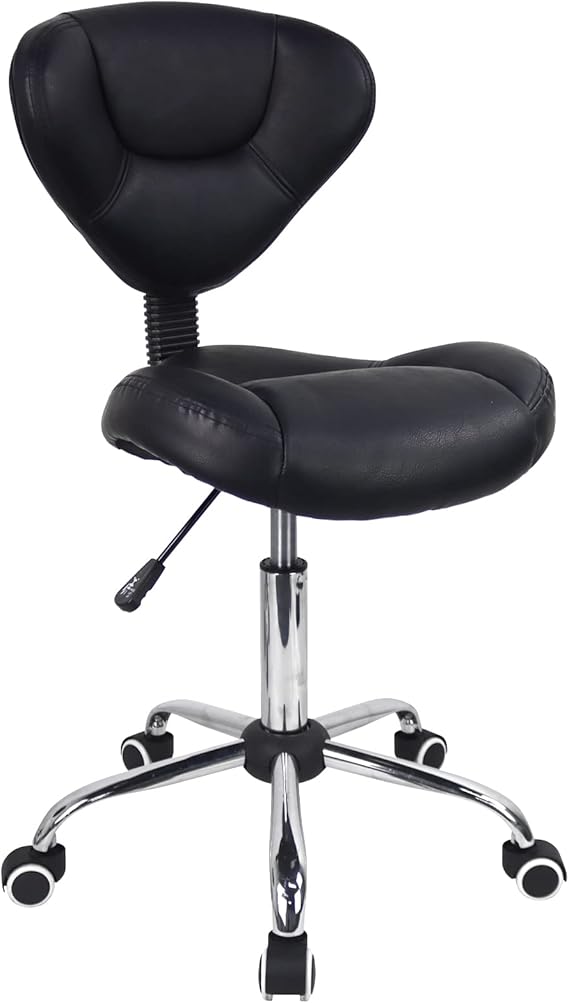 WKWKER Ergonomic Rolling Stool With Thick Cushion PU Leather Height Adjustable Swivel Stool For Work SPA Salon Tattoo With Back (Black)