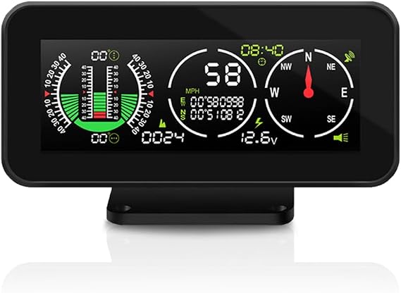 GPS Speedometer Off-Road Inclinometer for Cars | GPS speed, tilt angles, precise accelerometer, compass, altitude, overspeed alarm, fatigue alert, clear LCD display.