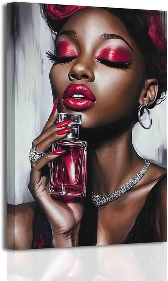 BJYCHG African American Wall Art Black Women Pictures Fashion Black Girl Canvas Paintings Female Poster Prints Dark Artwork for Girls Bedroom Decor Frame (Red, (18L x 12W))