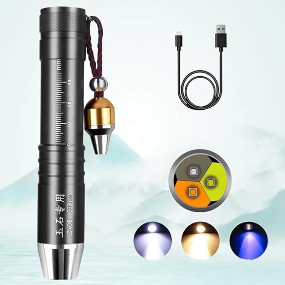 Three Light Source Rechargeable Jade Identification Flashlight, LED Jewelry Recognition Pen Light, 365nm Ultraviolet Outdoor Crystal Gemstone Detector.