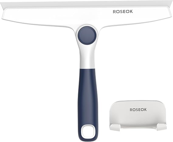 ROSEOK All-Purpose Silicone Squeegee for Shower Glass with Adhesive Hook, Pivoting Head, 10 Inch, Navy Blue, 1 Pack