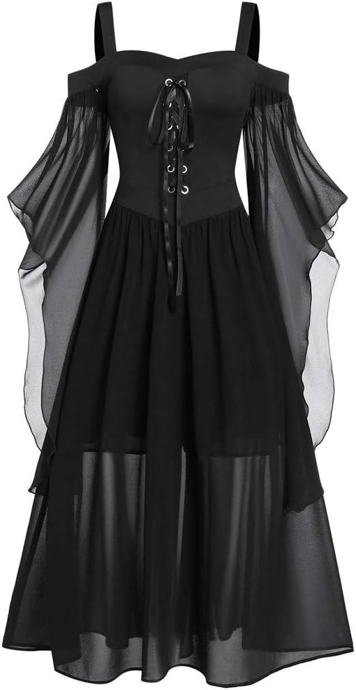 Women Gothic Vintage Dress Cold Shoulder Butterfly Sleeve Lace Up Halloween Costumes Retro Gown Dresses(Black,X-Large)