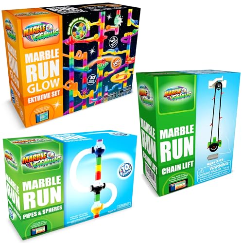 Marble Genius Bundle: Glow Extreme Set 300 Pieces, Automatic Chain Lift, Marble Run Pipes & Spheres Accessory Add-on Set, Perfect for Kids and Adults Alike