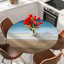 Round Tablecloths with Elastic Edged Watercolor Blue Gradient Wood Board Fitted Table Cloth Fits Tables up to 36"-44", Farm Brown Wooden Waterproof Table Cover for Indoor Outdoor Party