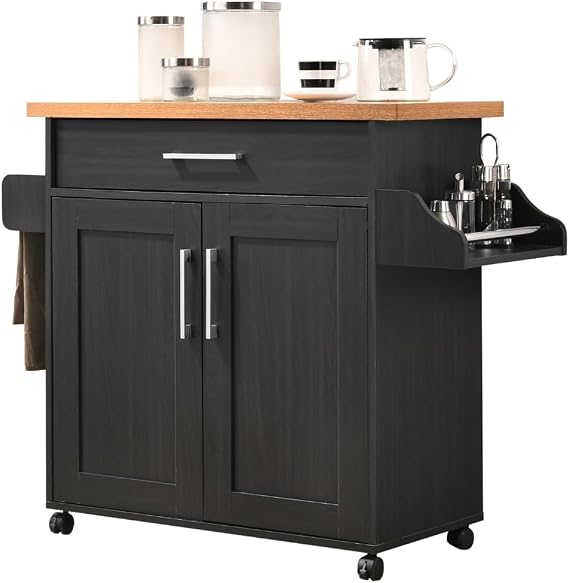 Hodedah Rolling Wood Kitchen Island Cart with Spice Rack, Towel Rack, Utensil Drawer plus Cabinet, Black with Beech Top