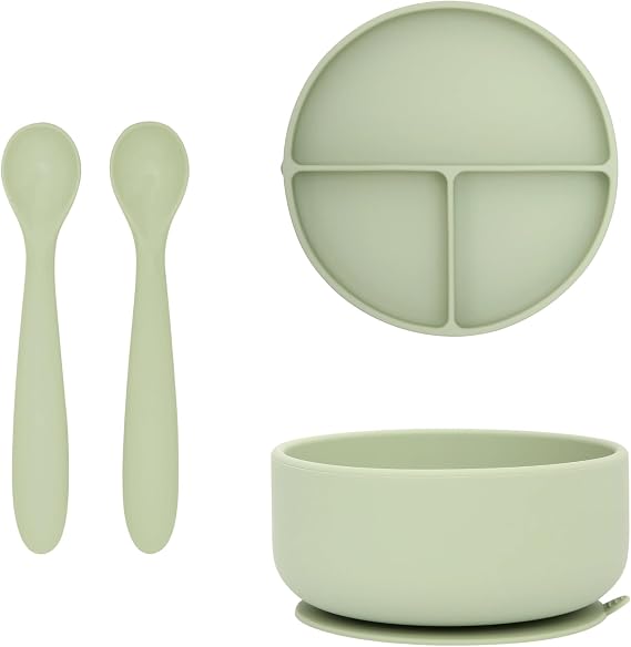 dollop Silicone Plate, Bowl, and Spoon Set for Babies - BPA Free, Dishwasher Safe, Suction Base (Soft Eucalyptus)
