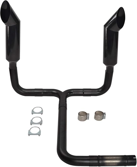 4'' Inch Turbo Dual Smoker Diesel Exhaust Stack T Pipe System with 2Pcs 4" Inlet 7" Outlet Gloss Black Stainless Steel Miter Angle Cut Diesel Smoker Stack Tips(4" ID Inlet 36" Long w/Clamps)