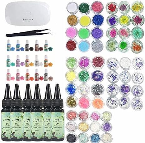 UV Epoxy Resin Crystal Clear Transparent with Compact UV Lamp + 60 Decoration Sets + 15 Pearlescent Color Pigment, Including Glitter Dried Flowers Holographic Sequins Glassine Nacre Shell