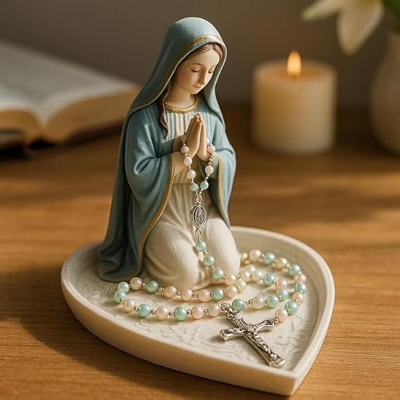 Catholic Gift Suitable for Bedroom Living Room Office Desktop Decoration Also Suitable for Personal Devotional Virgin Mary Rosary Holder,Elegant Our Lady Prayer Rosary Box Religious Gift (B)