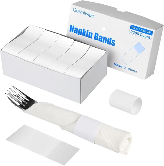 Germiwipe 2,500 Pcs White Paper Self-Adhesive Napkin Bands | Silverware Wraps Bands Perfect for Birthday Party, Wedding, Family Reunion & Events