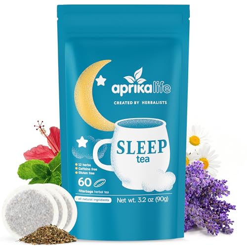 Aprika Life Sleep Tea for Bedtime Relaxation & Stress Relief Natural Caffeine-Free Herbal Nighttime Tea with Chamomile, Lavender, Mint & Hibiscus No Melatonin Sleep Aid Relaxing Tea Bags 60 Pack