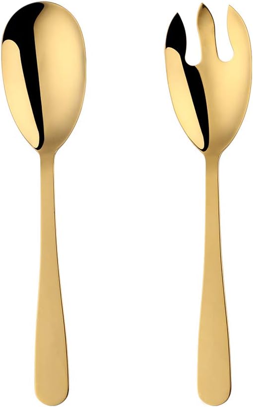 12 Inches Salad Spoon and Fork Sets,Stainless Steel Salad Server Sets, Cooking Utensils for Kitchen, Simple and Classic Dishwasher Safe (Gold)