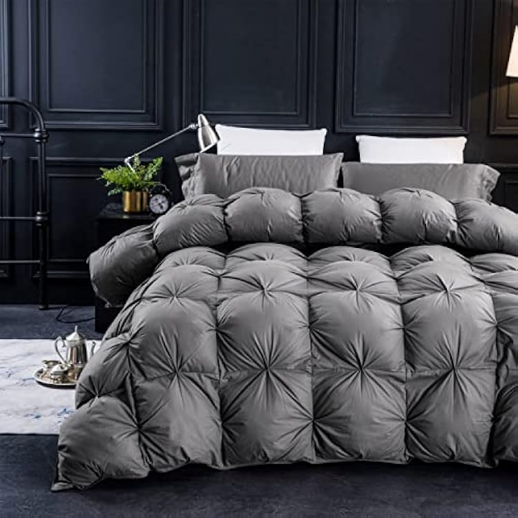 Three Geese Pinch Pleat Waterfowl Feathers and Down Comforter Twin Size Duvet Insert,750 Fill Power,1200TC 100% Cotton, Premium All Seasons Gray Warm Hotel Comforter with 8 Tabs.