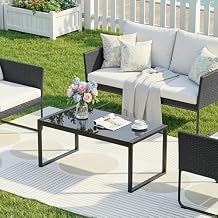 ONBRILL Rectangle Coffee Table with Tempered Glass Desktop, Galvanized Frame Outdoor Coffee Table with Adjustable Feet for Patio, Balcony, Deck, Living Room, Black