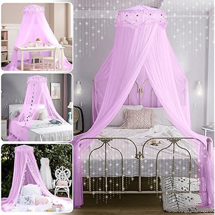 Jeteventy Bed Canopy for Girls, Princess Bed Curtain Net for Single to King Size,Bedroom Decoration of Round Lace Dome with Stainless Steel Hook,Quick Easy Installation Purple